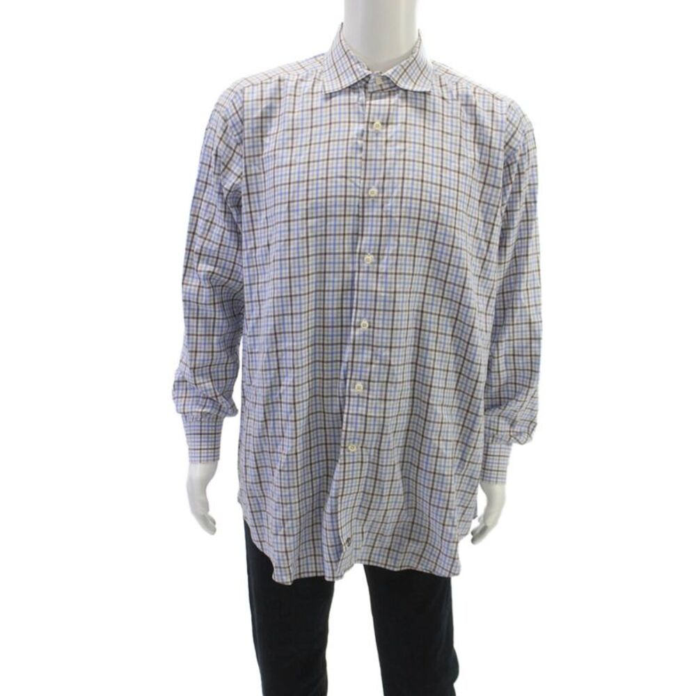 David Donahue Mens Plaid Button Down Shirt Blue Size 35